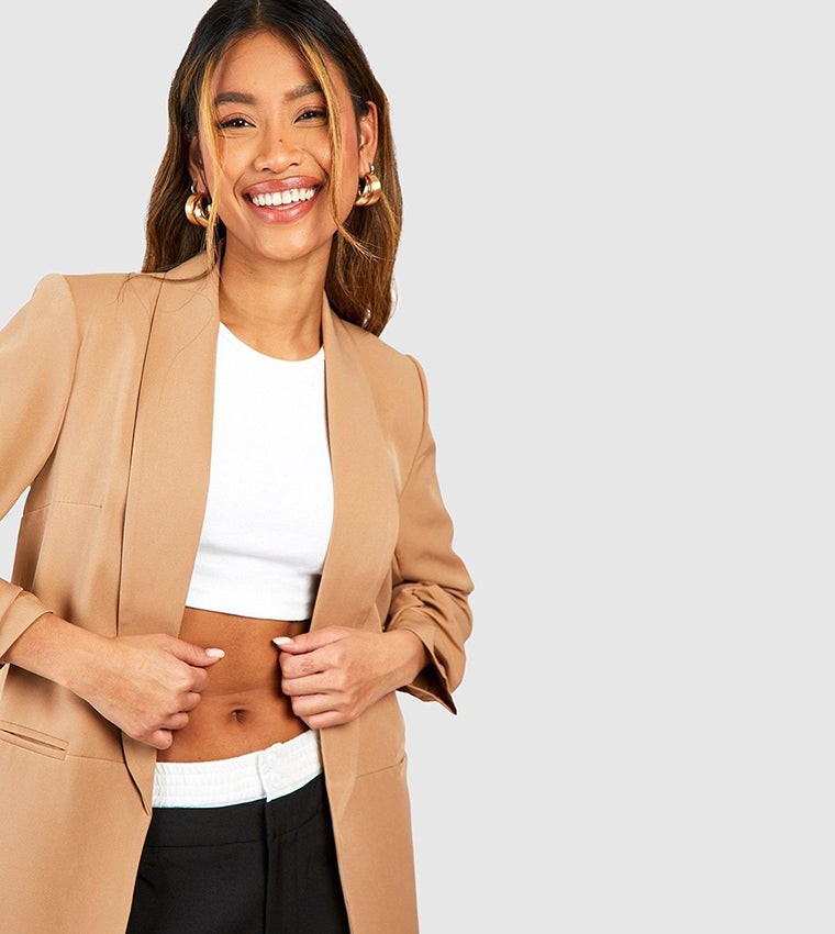 Ruched Sleeve Shawl Collar Blazer