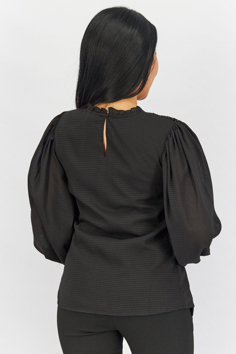 Women Ruffle Neck Long Sleeve Studded Blouse, Black and Gold