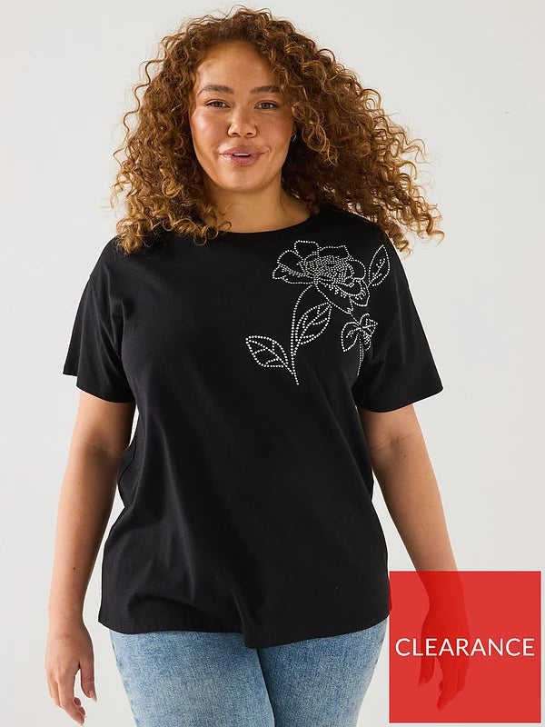 V by Very Curve Diamante Floral Motif Tee - Black