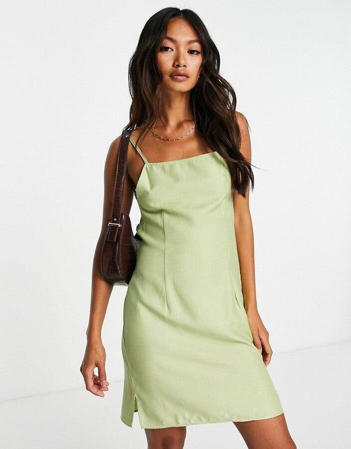 Square Neck Mini Slip Sundress in Khaki