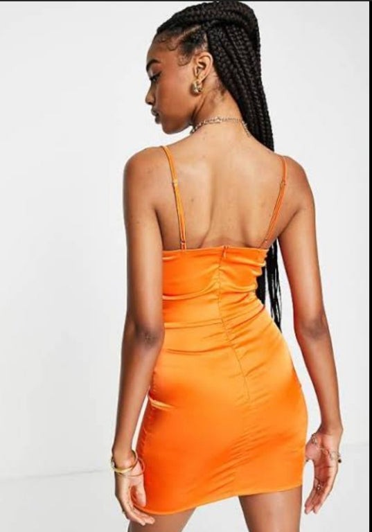 Tall Satin Cowl Neck Cami Mini Dress In Bright Orange