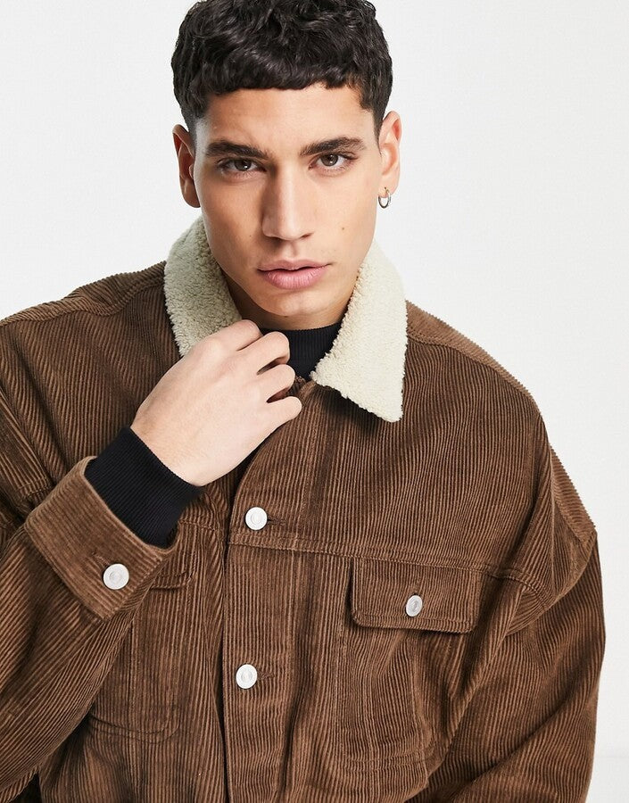 Oversized Cord Jacket With Borg Collar in Brown