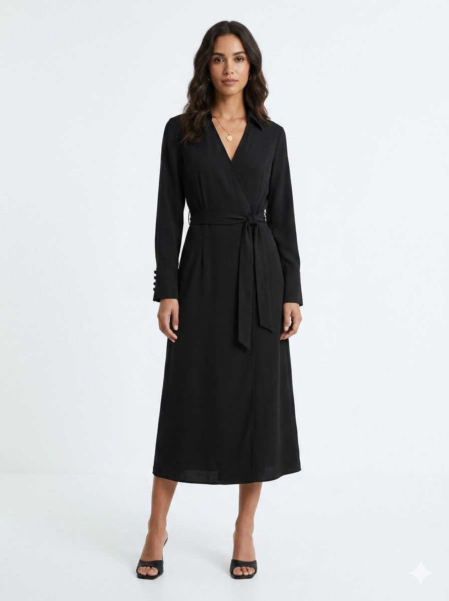 Black Long Sleeve Wrap Midi Dress