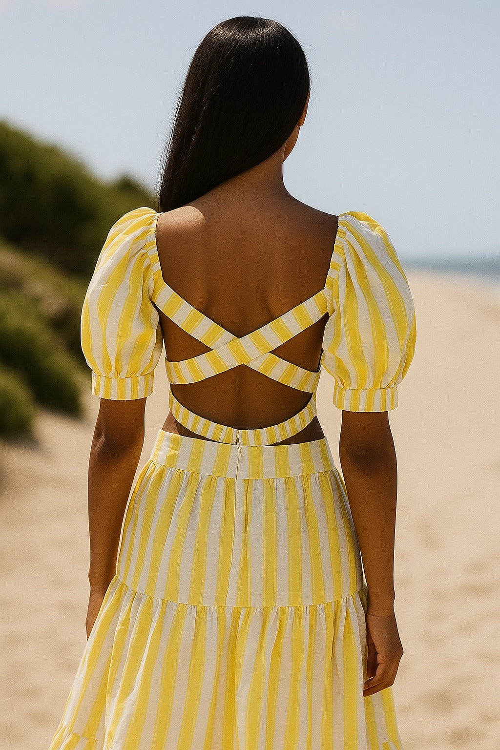 Yellow/white Stripe Crop Top and Skirt Set