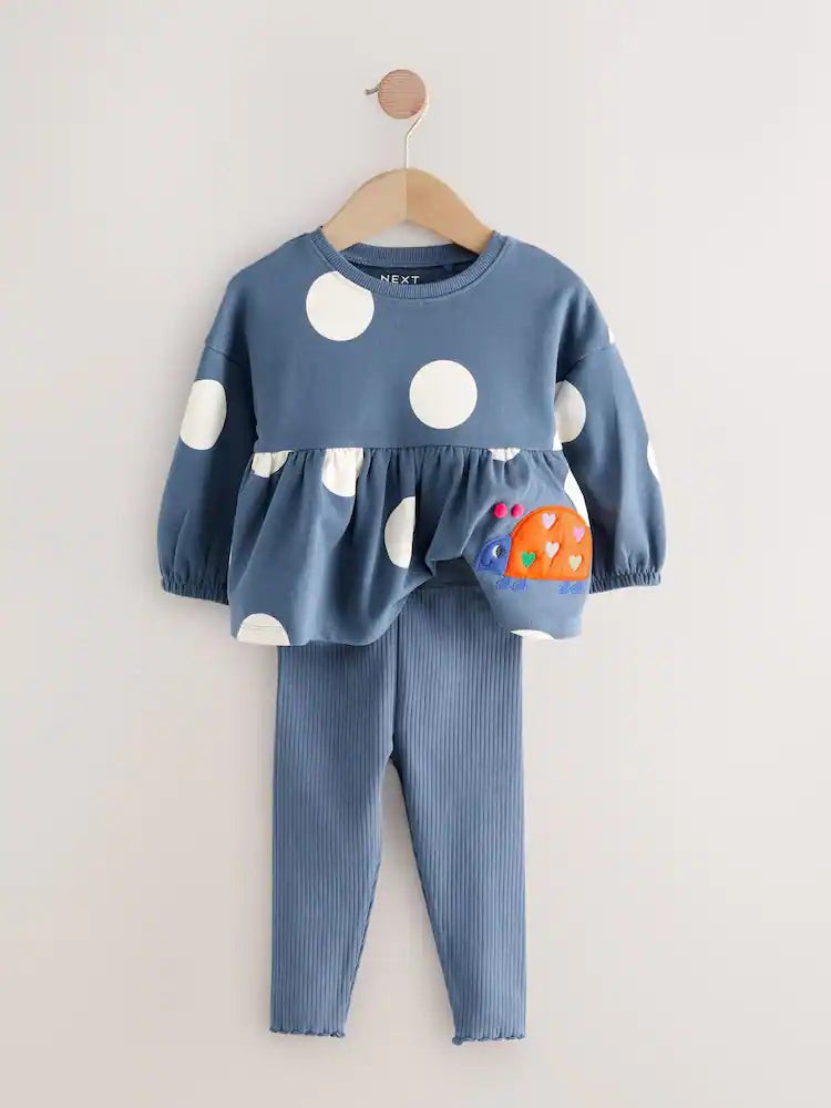 Next Uk Navy Ladybird Long Sleeve Peplum Top and Leggings Set