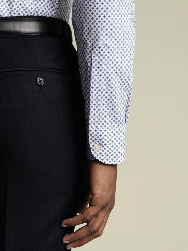 Non Iron Stretch Diamond Print Slim Fit Shirt - Denim Blue