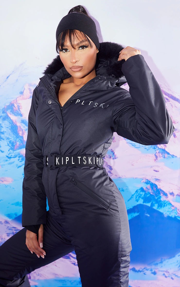 Ski Black Faux Fur Hooded Belted Snow Suit