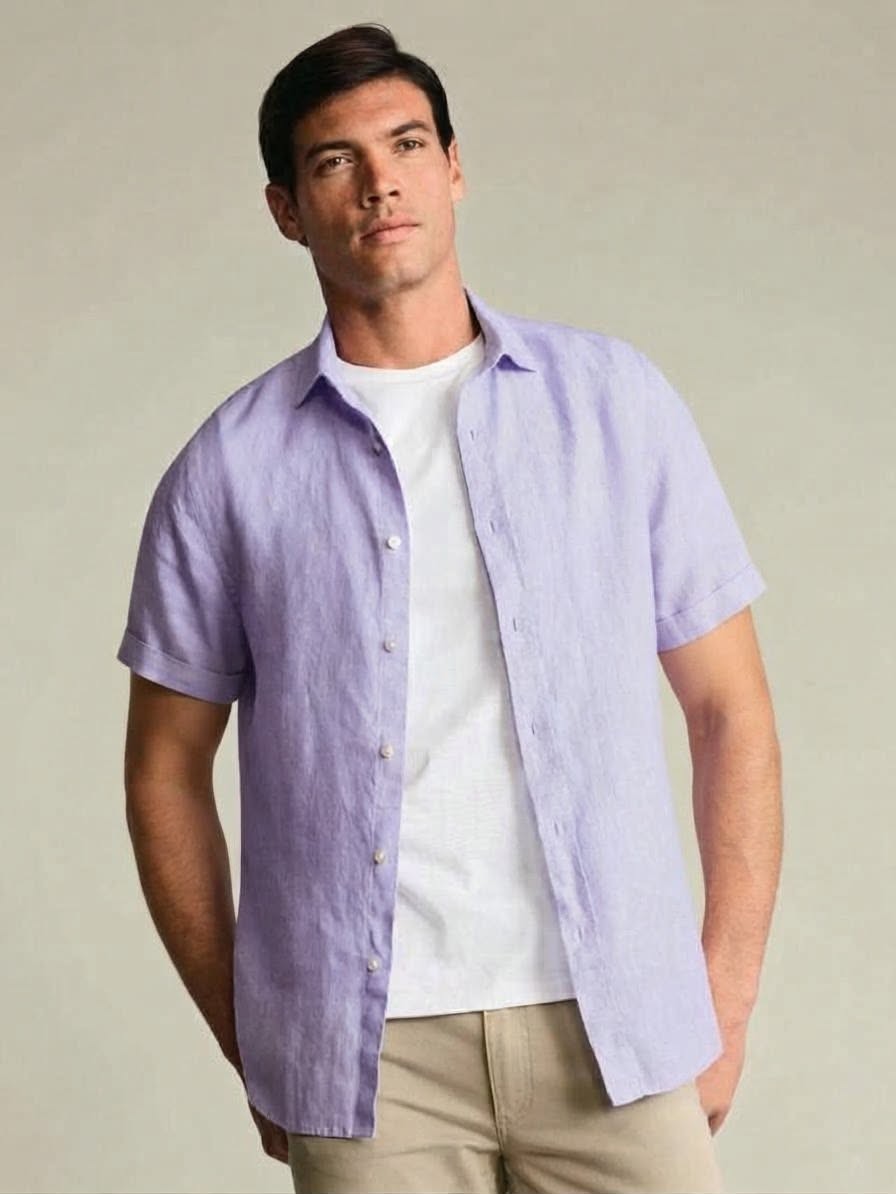 Pure Linen Slim Fit Short Sleeve Shirt Lilac