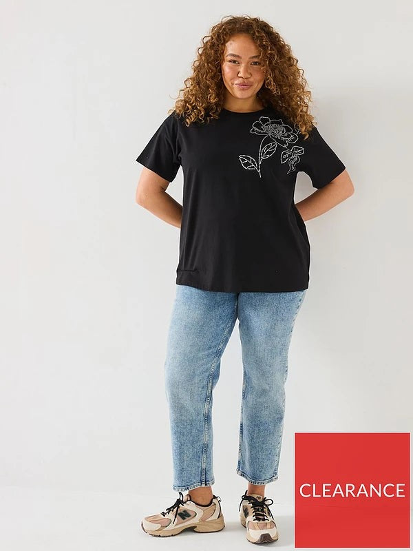 V by Very Curve Diamante Floral Motif Tee - Black