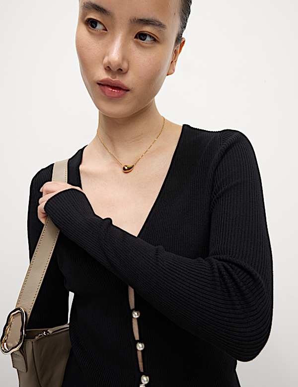 Black Ribbed V-Neck Button Front Cardigan