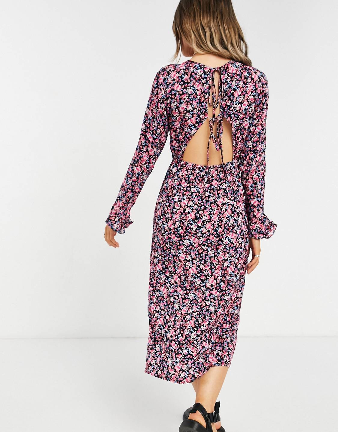Rose Print Tie Neck Midi Dress