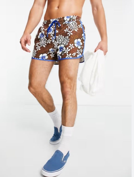 Reclaimed Vintage Inspired Swim Shorts in Retro Hibiscus Print in Multi