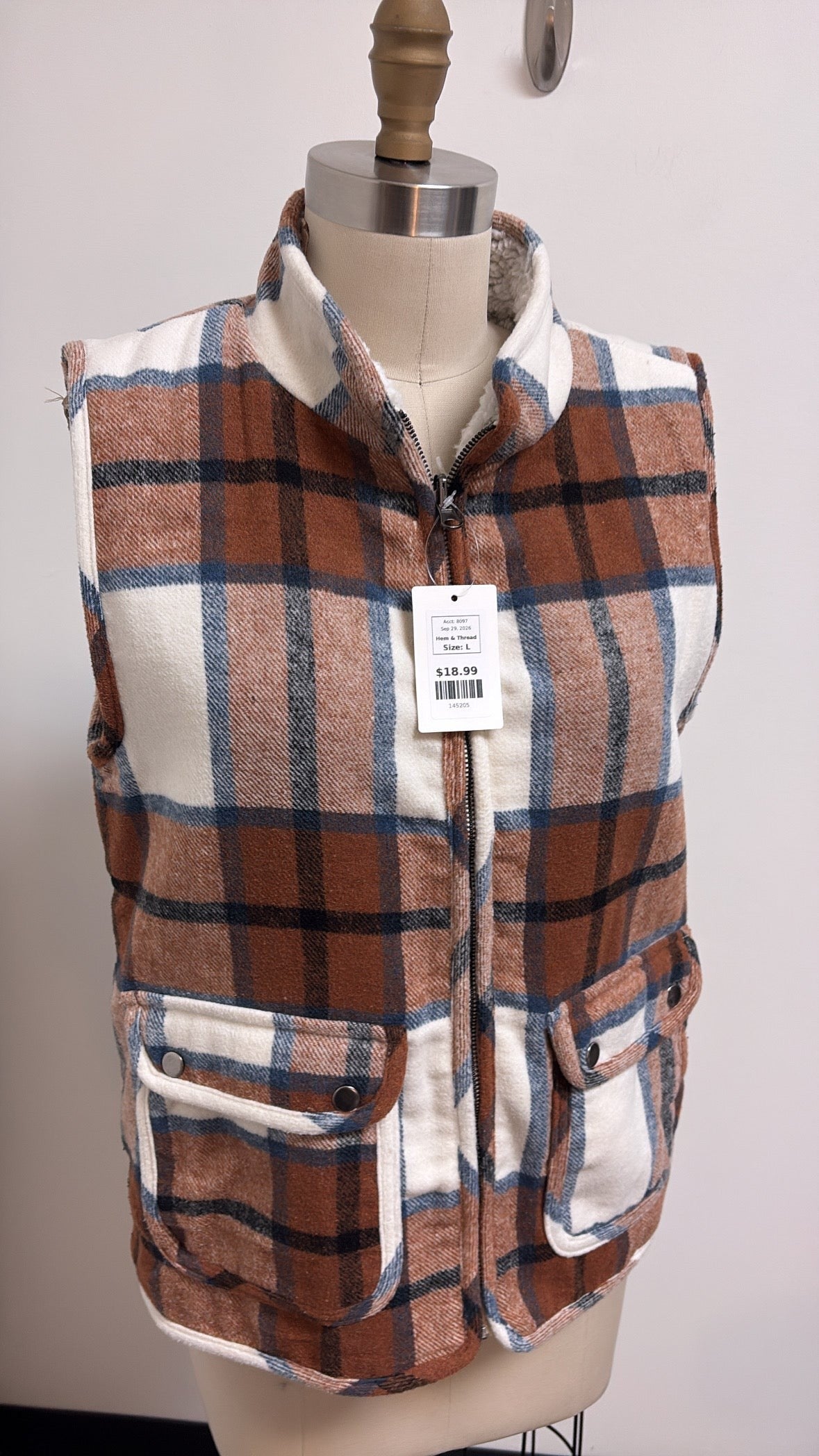 Hem & Thread Brown Plaid Vest, L