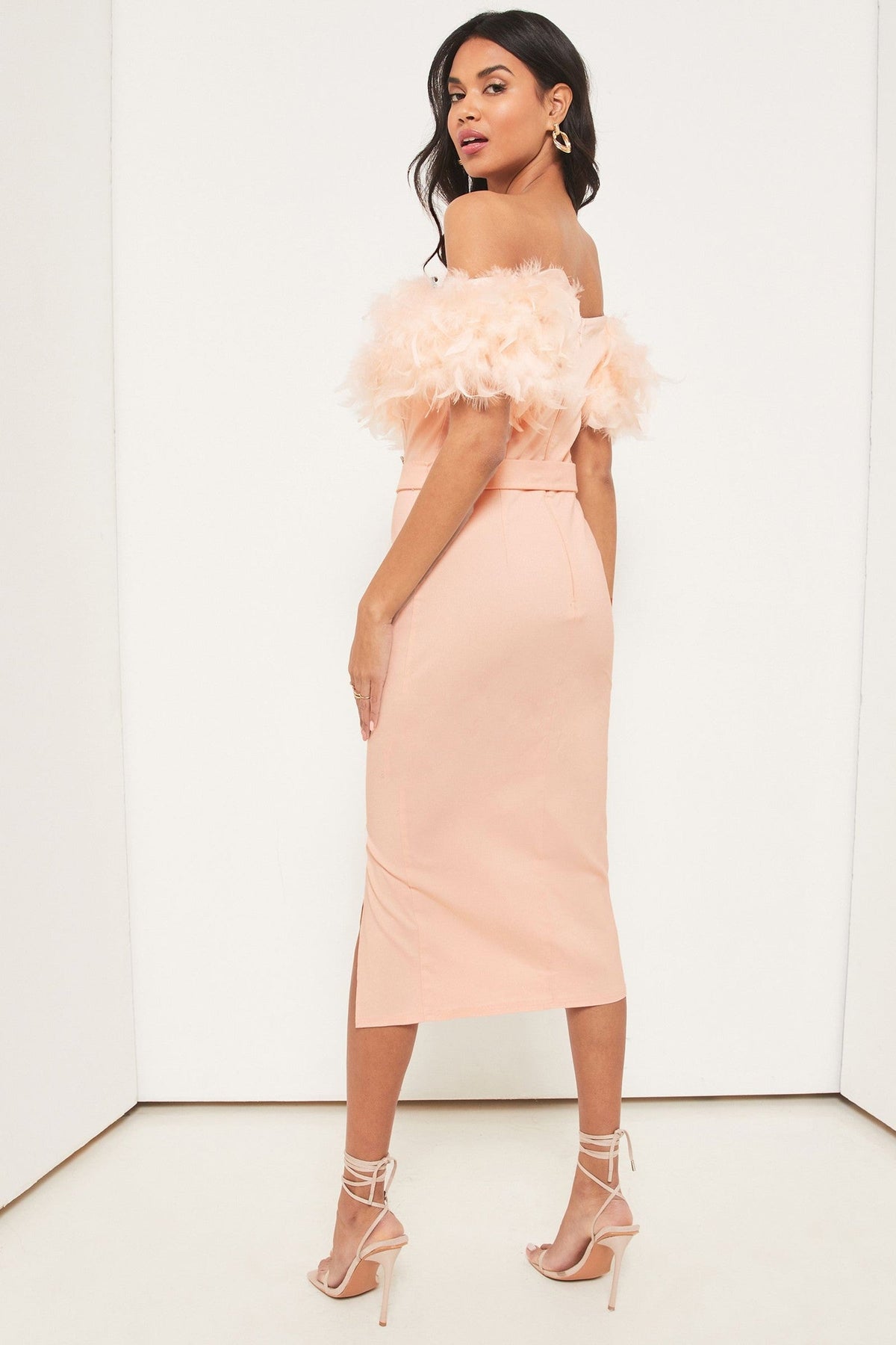 Premium Feather Belted Bardot Dress
