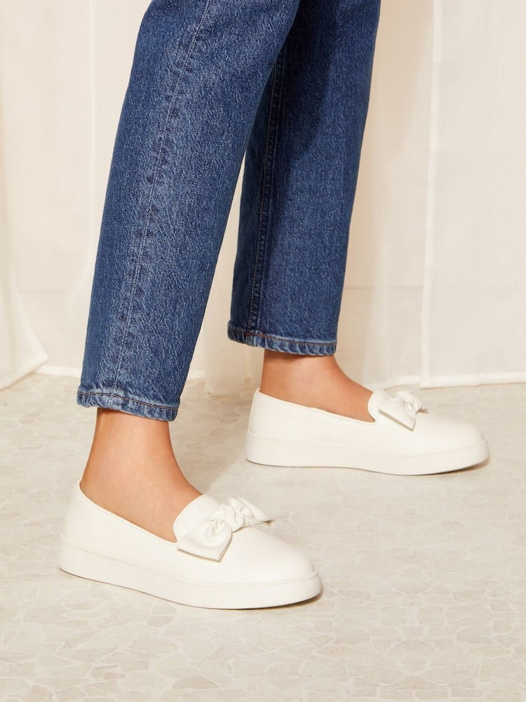 White Regular Fit Faux Leather Bow Trainers