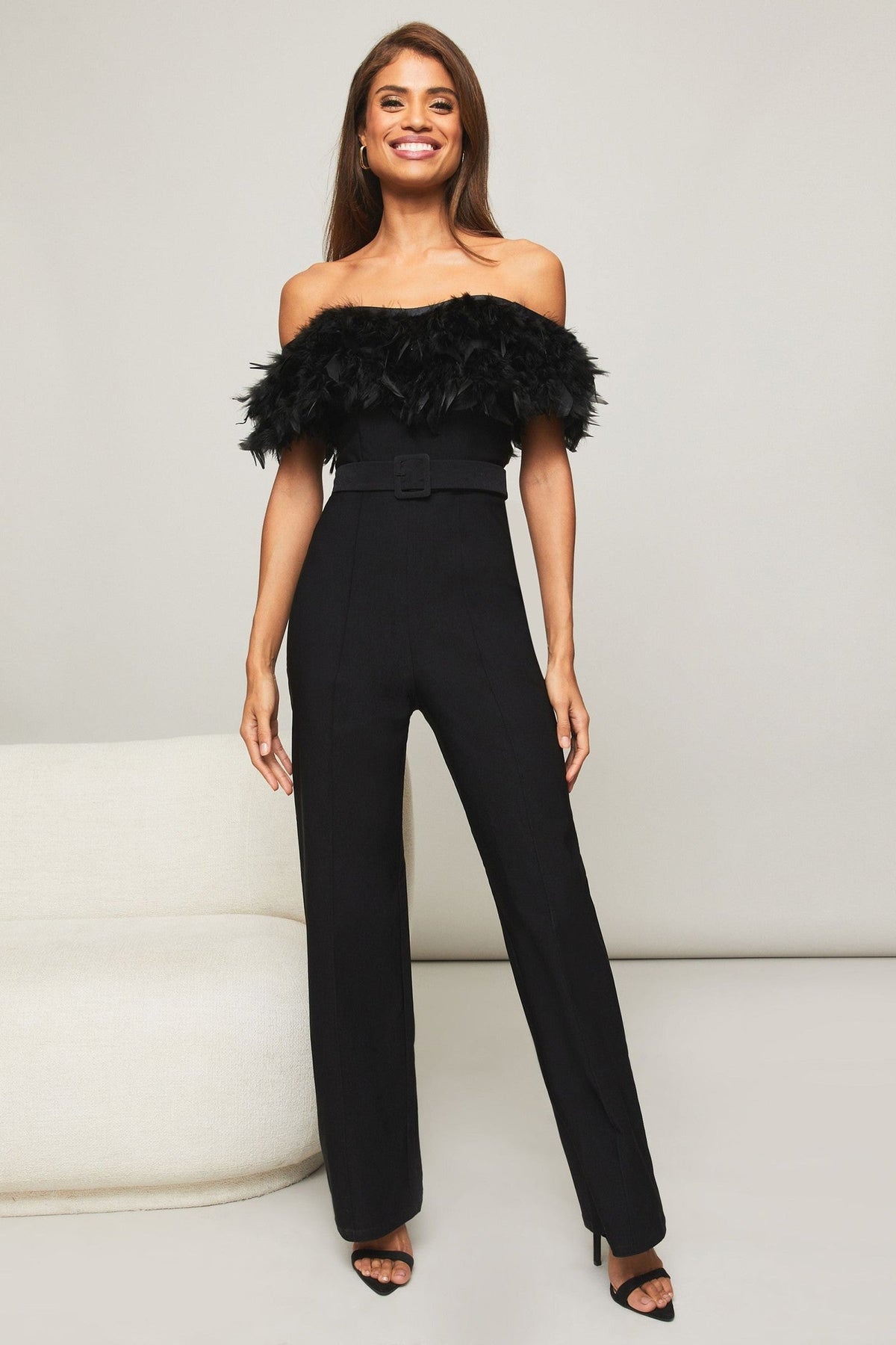 Premium Feather Wide Leg Belted Jumpsuit Black