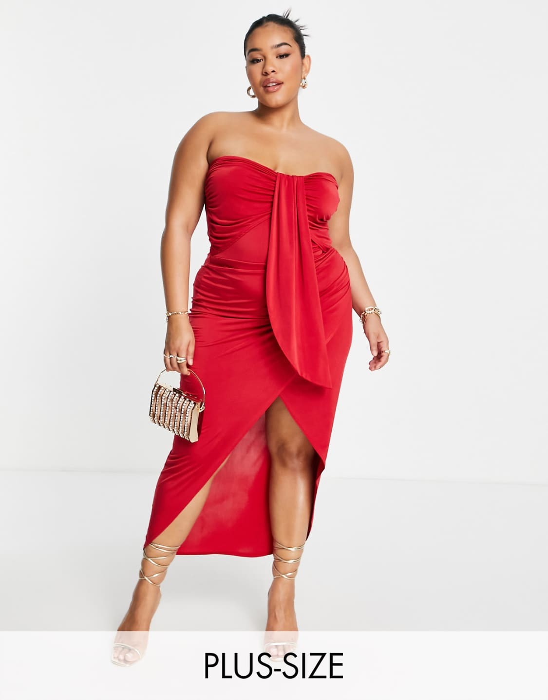 Plus bandeau midi dress in red drape