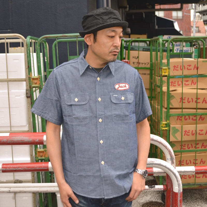 SUGAR CANE "SC39731" CHAMBRAY WORK SHIRT with CHAIN EMBROIDERED