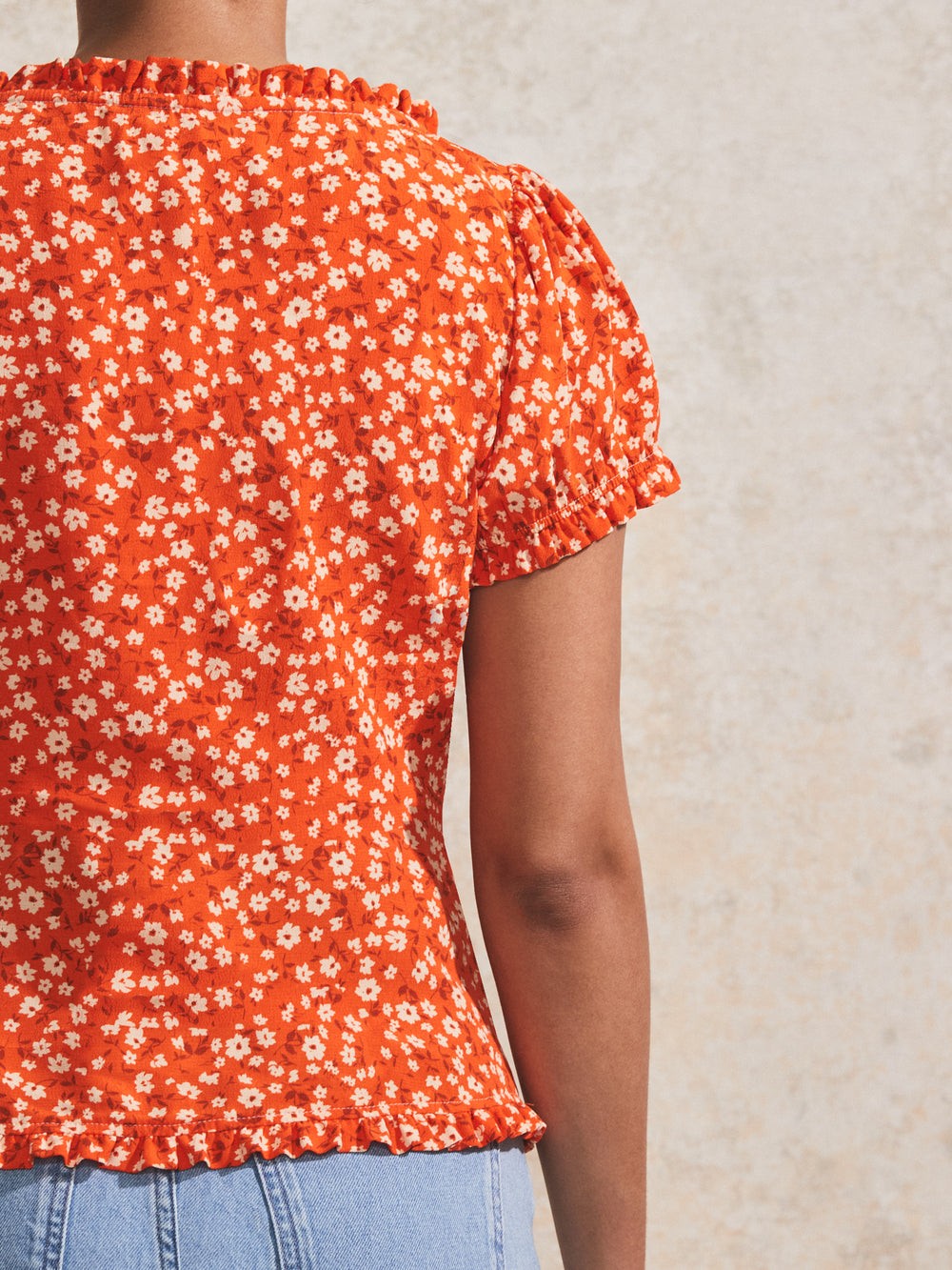 Red Ditsy-Print Puff-Sleeve Blouse