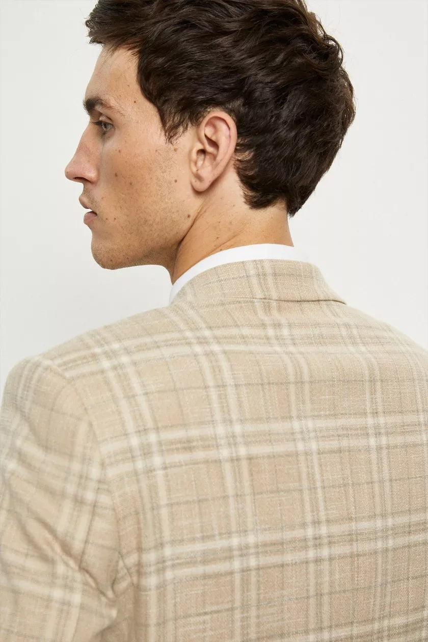 Skinny Fit Stone Textured Check Jacket Neutral