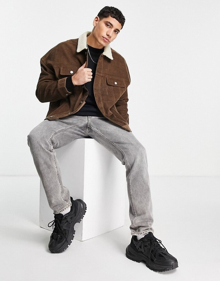 Oversized Cord Jacket With Borg Collar in Brown