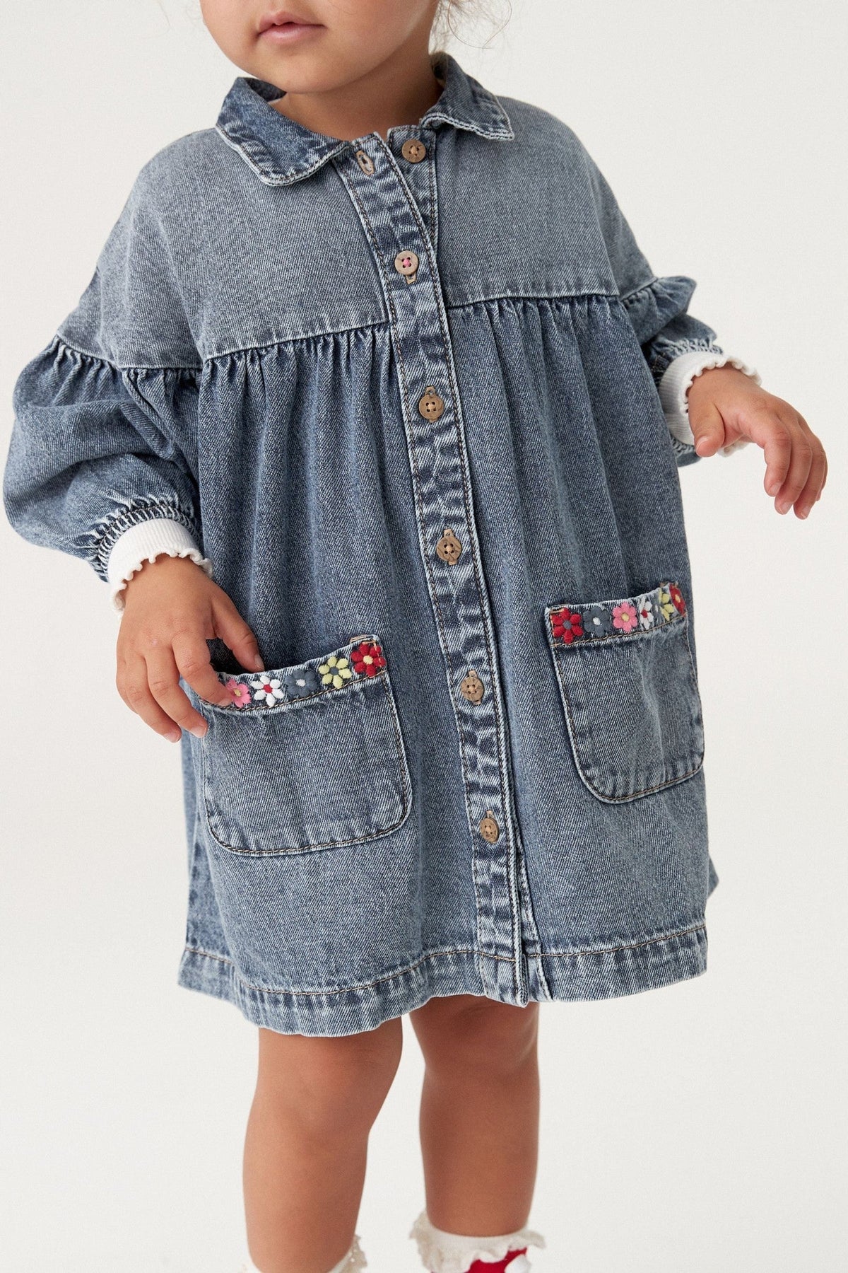 Next Uk Blue Denim Embroidered 100% Cotton Shirt Dress (6-9 months, 4-5 years)
