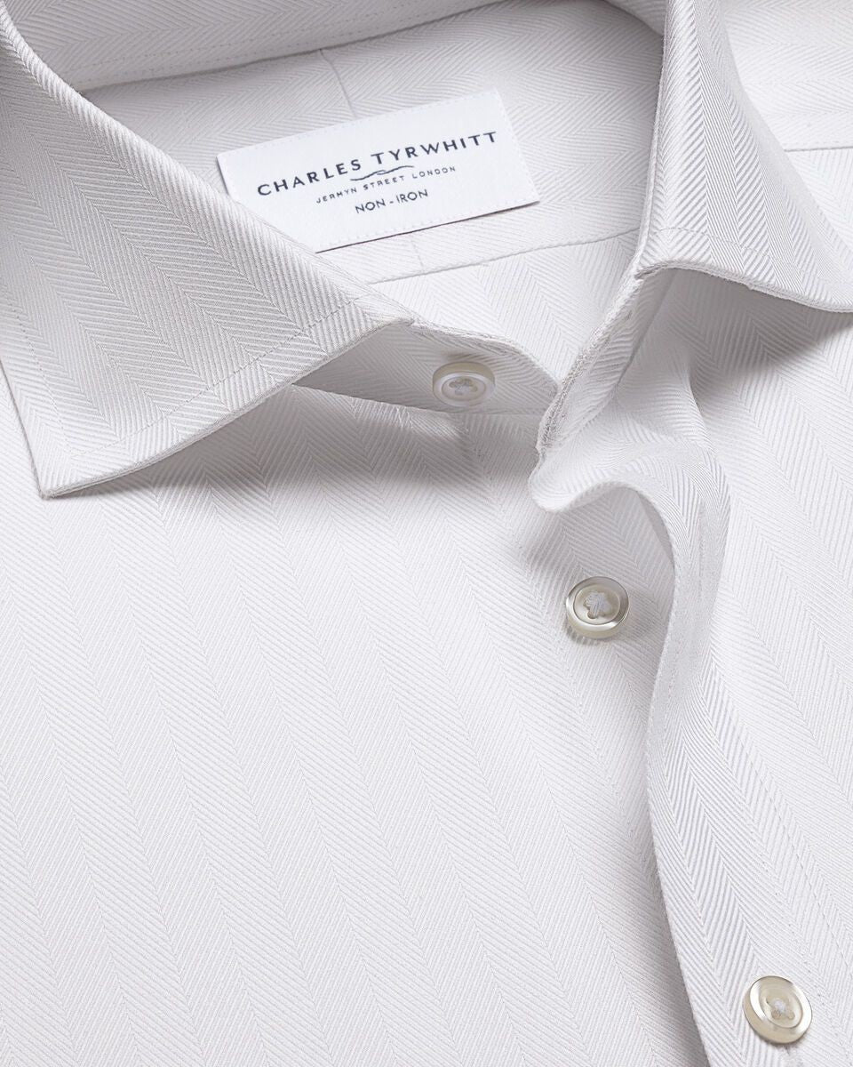 Semi Cutaway Non-Iron Herringbone Slim Fit Shirt - White
