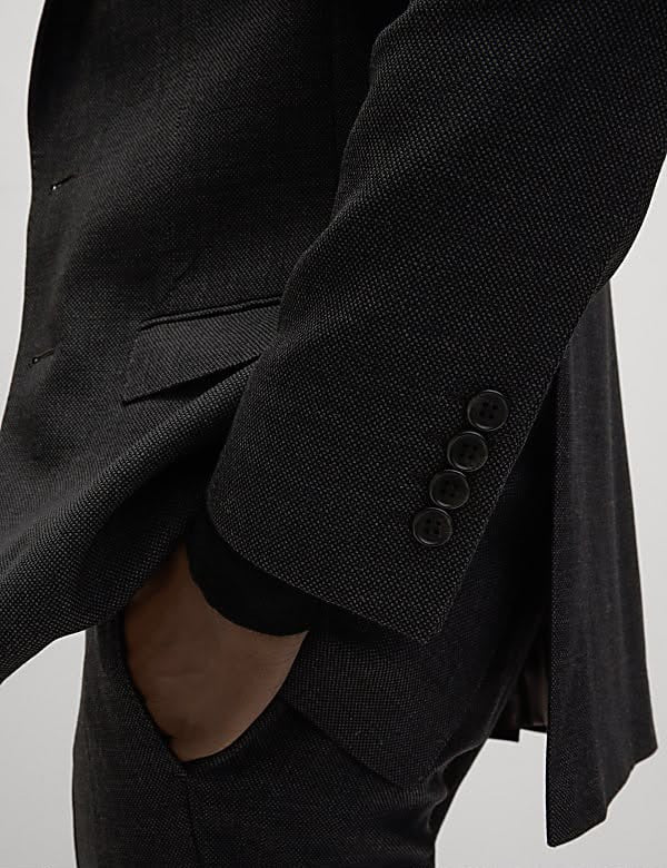 Slim Fit Pure Wool Textured Suit Jacket Charcoal