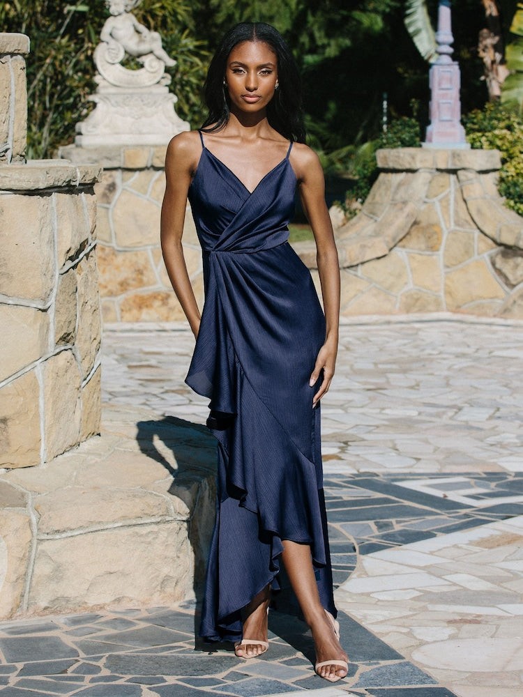 Navy Wrap Ruffle Midi Dress