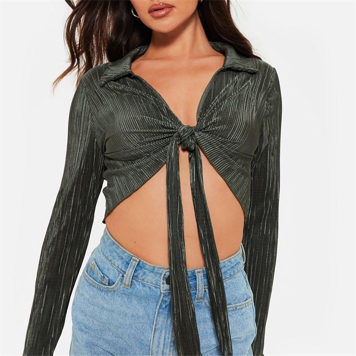Tie Front Plisse Crop Shirt Khaki