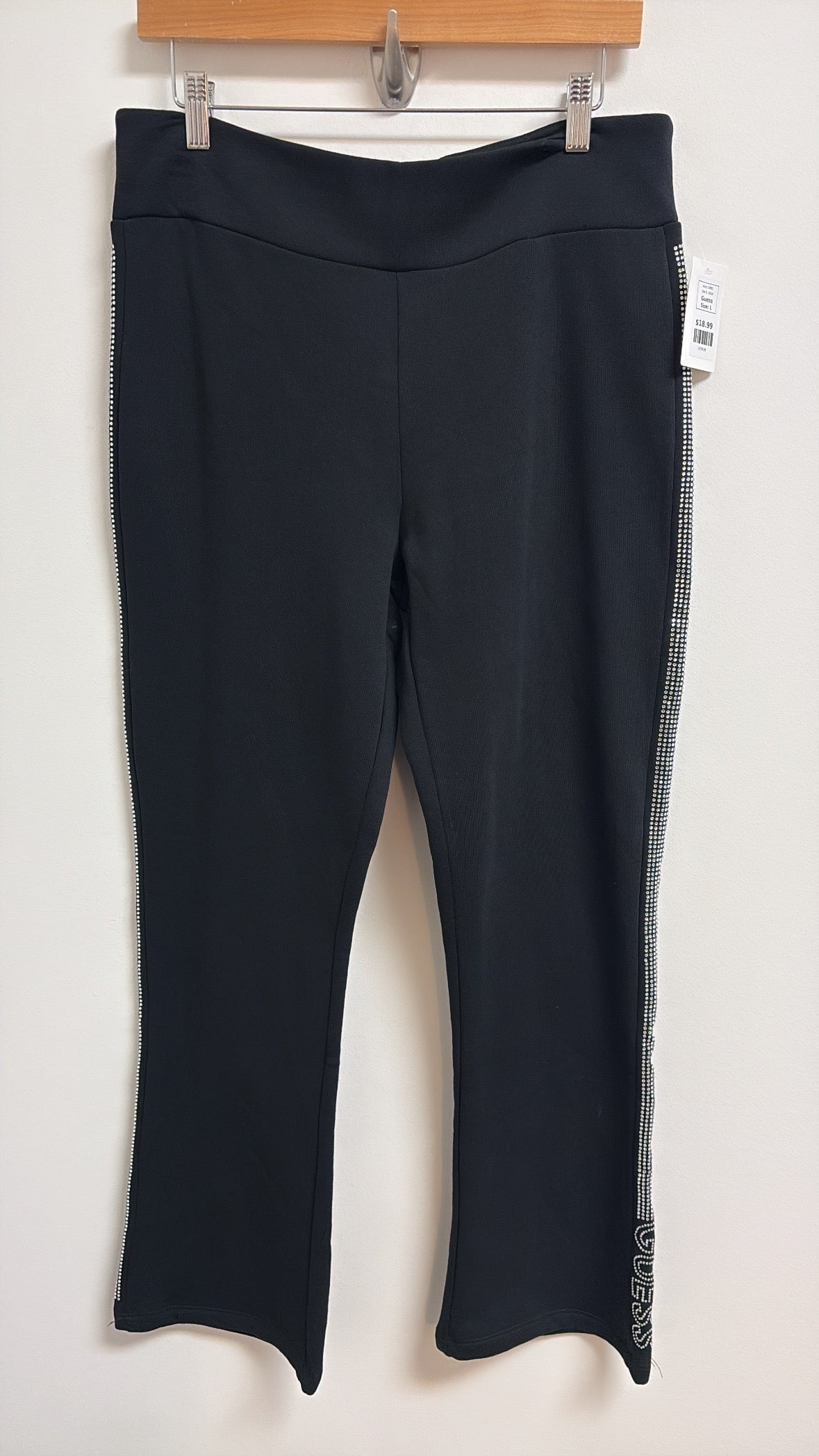 New Guess Black Rubie Rhinestone Fleece 31" Inseam Pants, L
