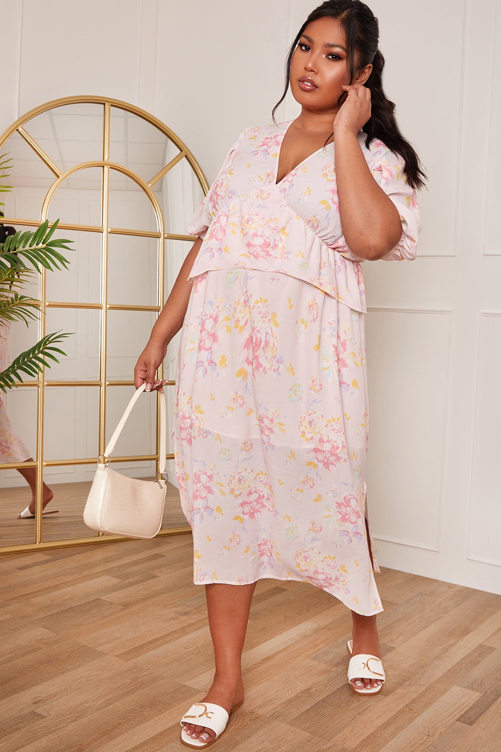 Plus Size Short Sleeve Floral Printed Midi Dress in Pink