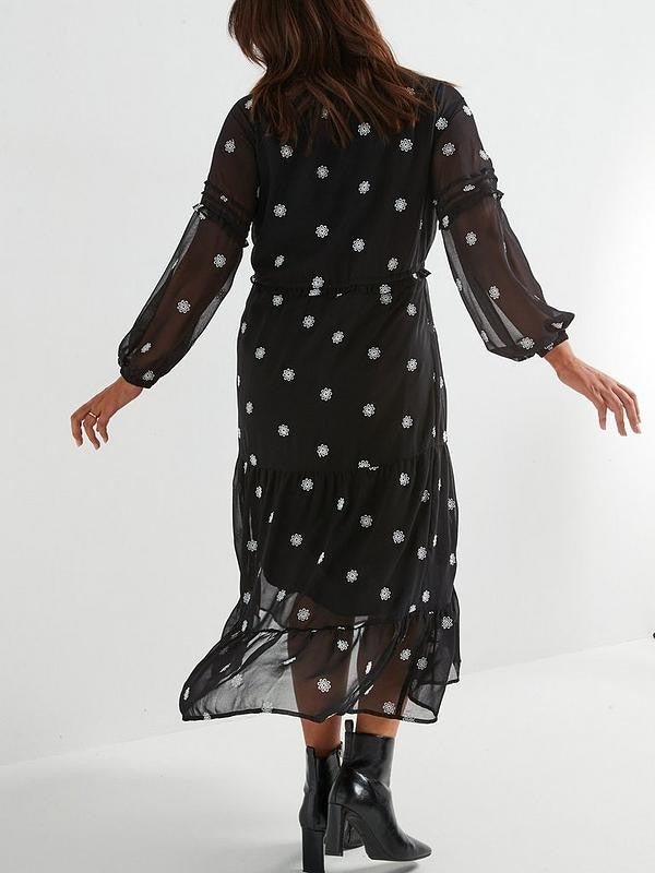 V by Very Curve Embroidered Tiered Midi Dress - Black