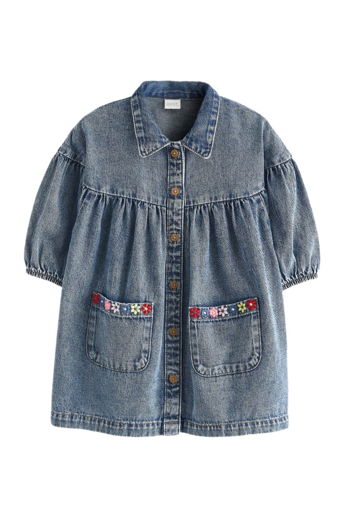 Next Uk Blue Denim Embroidered 100% Cotton Shirt Dress (6-9 months, 4-5 years)