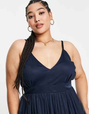 Plus Tulle Plunge front Maxi Dress in Navy