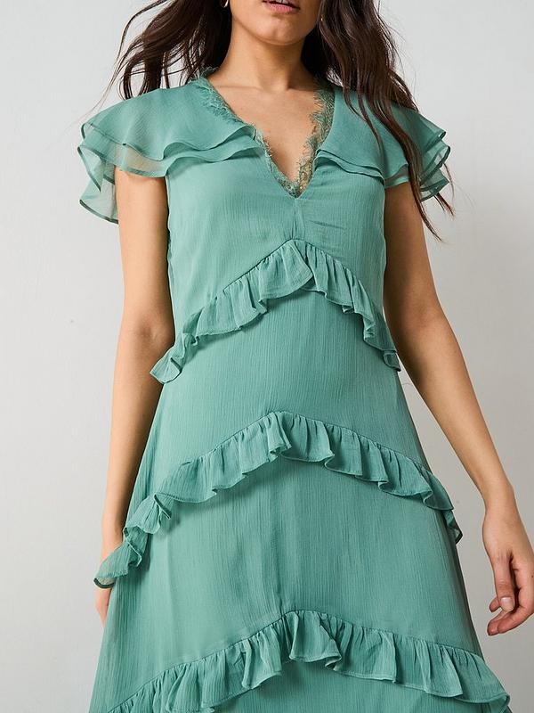 V by Very V Neck Ruffle Maxi Dress Green