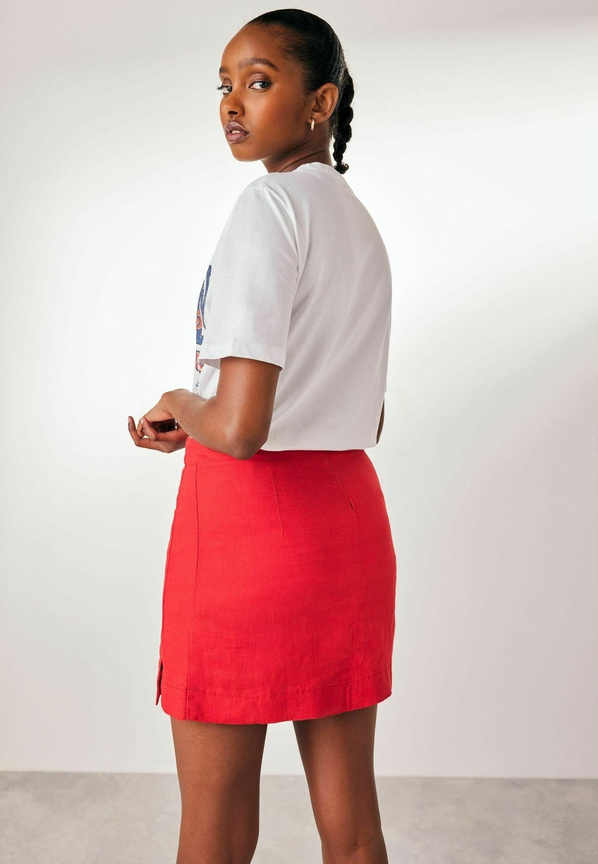 Red Linen Blend Mini Skirt