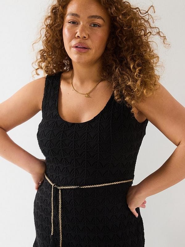 V by Very Curve Crochet Asymmetric Hem Ruffle Dress - Black
