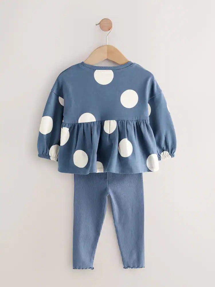 Next Uk Navy Ladybird Long Sleeve Peplum Top and Leggings Set