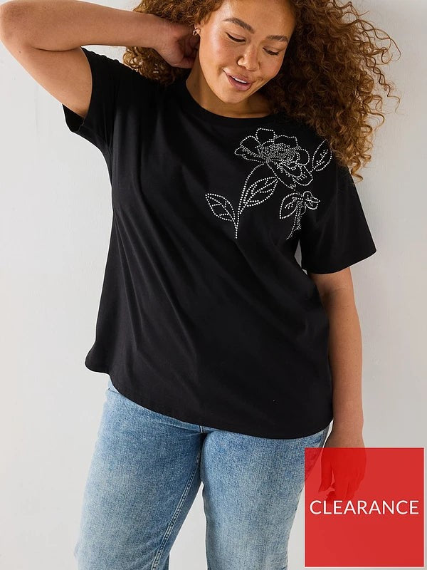 V by Very Curve Diamante Floral Motif Tee - Black