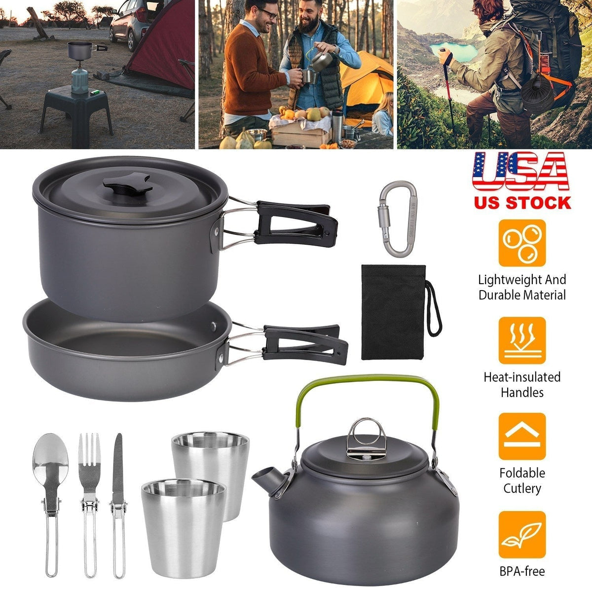 12Pcs Camping Cookware Set Camping Stove Aluminum Pot Pans Kit for Picnic Outdoors with Cup Fork Spoon Knife